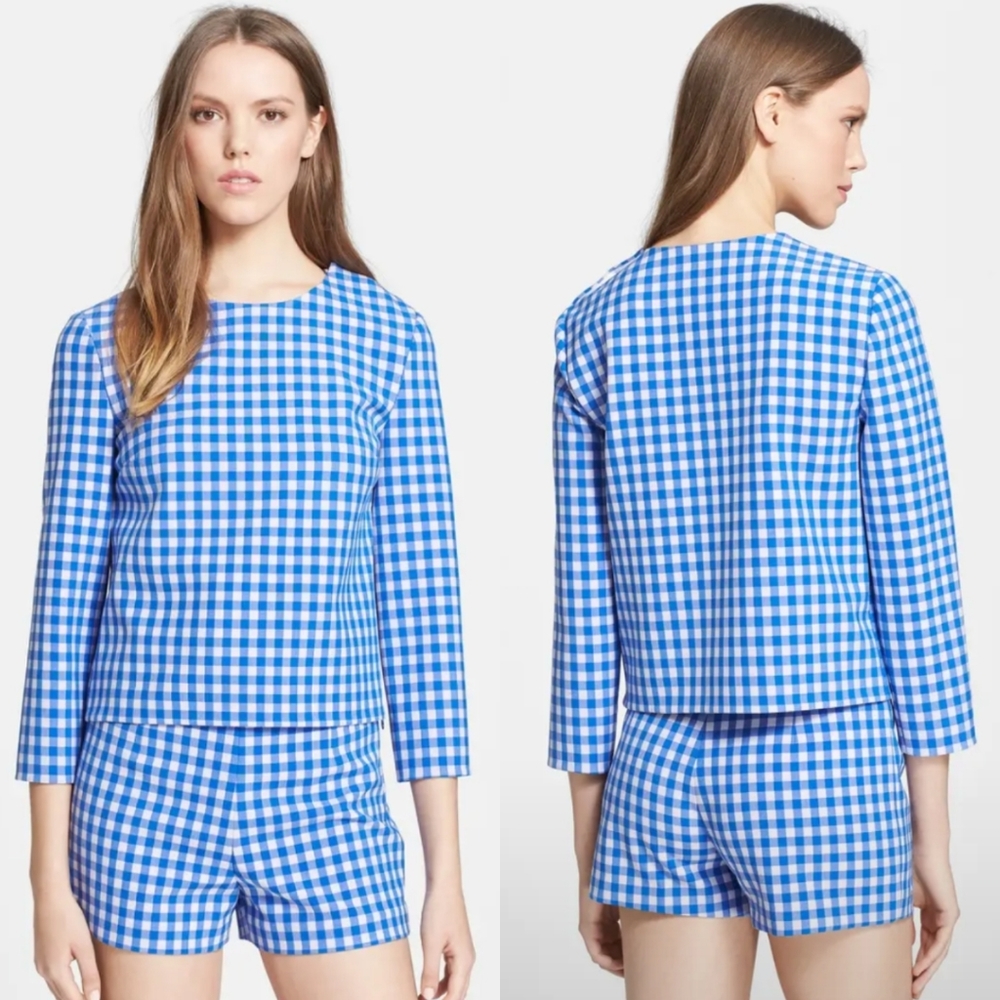 Diane Von Furstenberg Blue and White Gingham Long-Sleeve Top